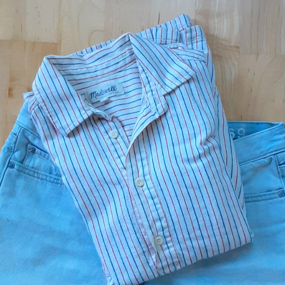 Madewell White Button-Down Shirt with Red and Blue Stripes